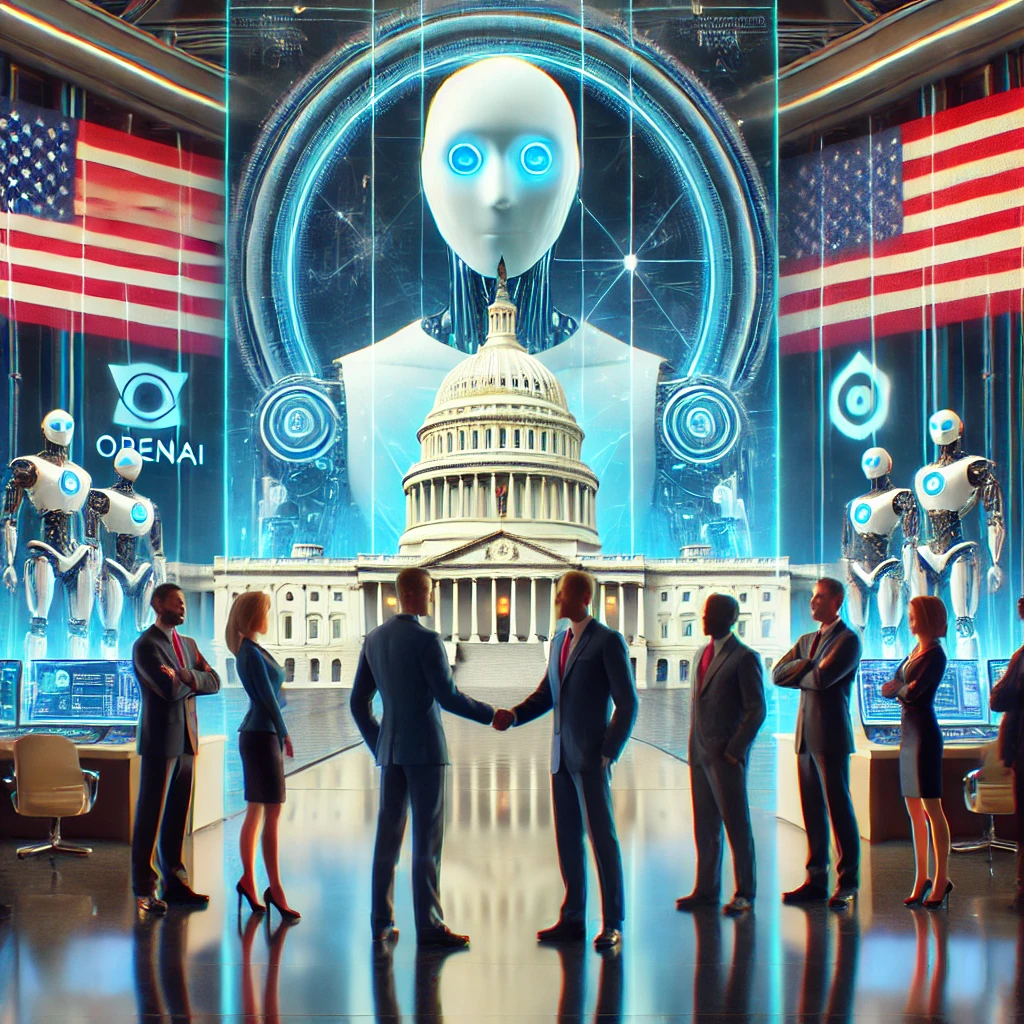 Futuristic scene with a large robotic figure and the U.S. Capitol building in the background, people in business attire shaking hands, and multiple robots and American flags surrounding them.