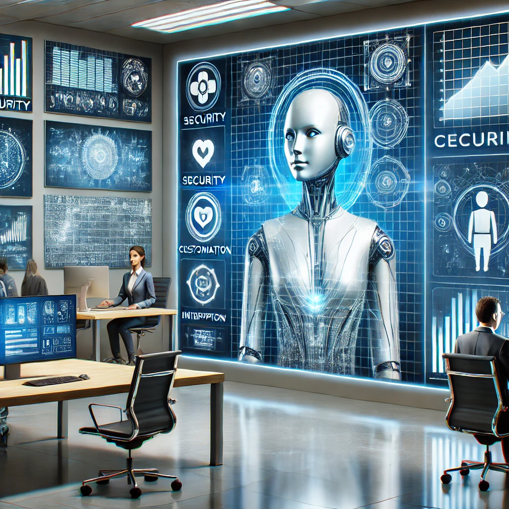 a group of people in a room with a large screen with a robot