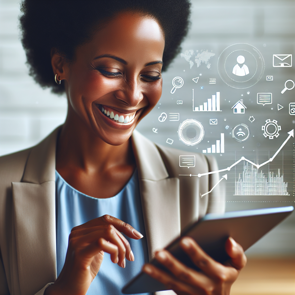 a woman smiling while holding a tablet