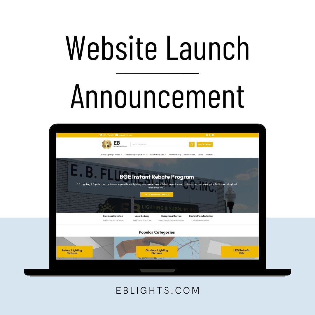 E.B. Lighting & Supplies website homepage showcasing their Baltimore-based lighting fixture manufacturing business designed and built by Media & Technology Group, LLC of York, PA.